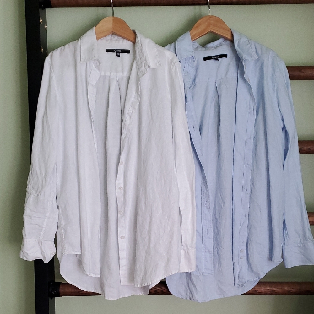 Women XS 100% Linen White and Light Blue Shirts